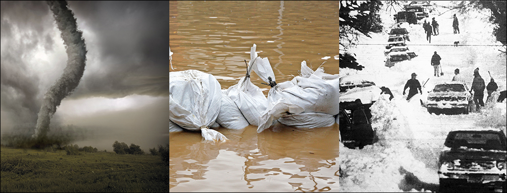 Scenes of a tornado, a flood, and a snowstorm