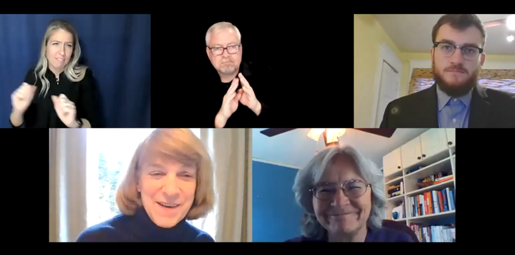 Kody Olson, Commissioner Jodi Harpstead, Commissioner Jan Malcolm, and ASL and CDI interpreters on Zoom