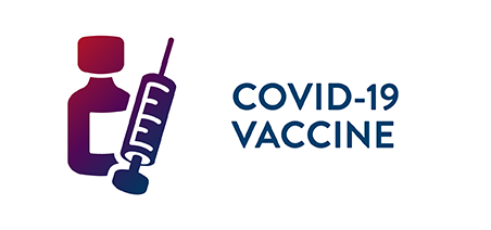 Illustration of a vial of vaccine and a syringe. With text: COVID-19 Vaccine.