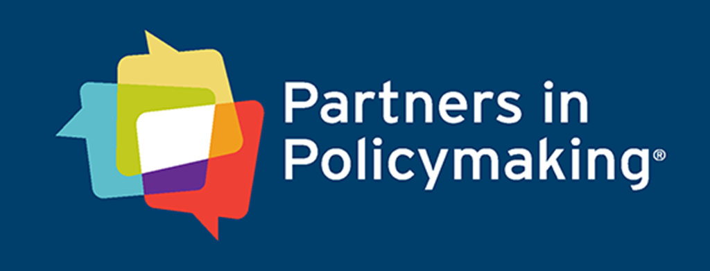 Partners in Policymaking logo. 3 message bubbles show unity. One red, one blue, and one yellow. Just left of the words Partners in Policymaking.