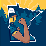 Inside the outline of the State of Minnesota, a person wearing a face mask rolls up their sleeve to show an adhesive bandage.