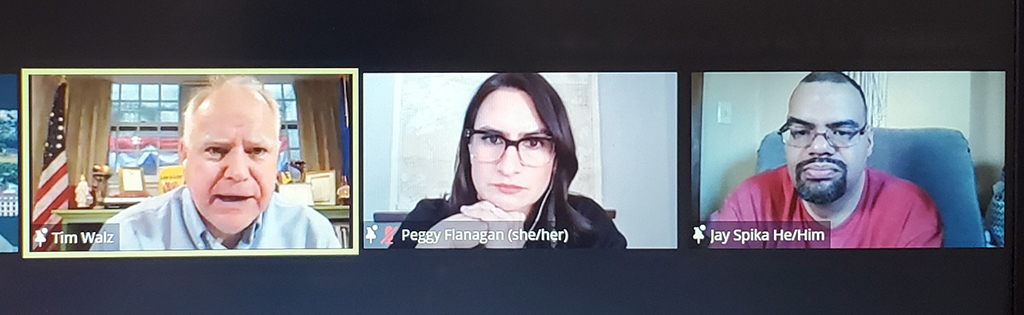 Zoom screengrab with Gov. Tim Walz, Lt. Gov. Peggy Flanagan, and Jay Spika