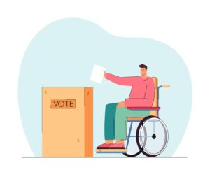 Illustration of a person using a wheelchair putting their ballot in ballot box labeled “Vote”.