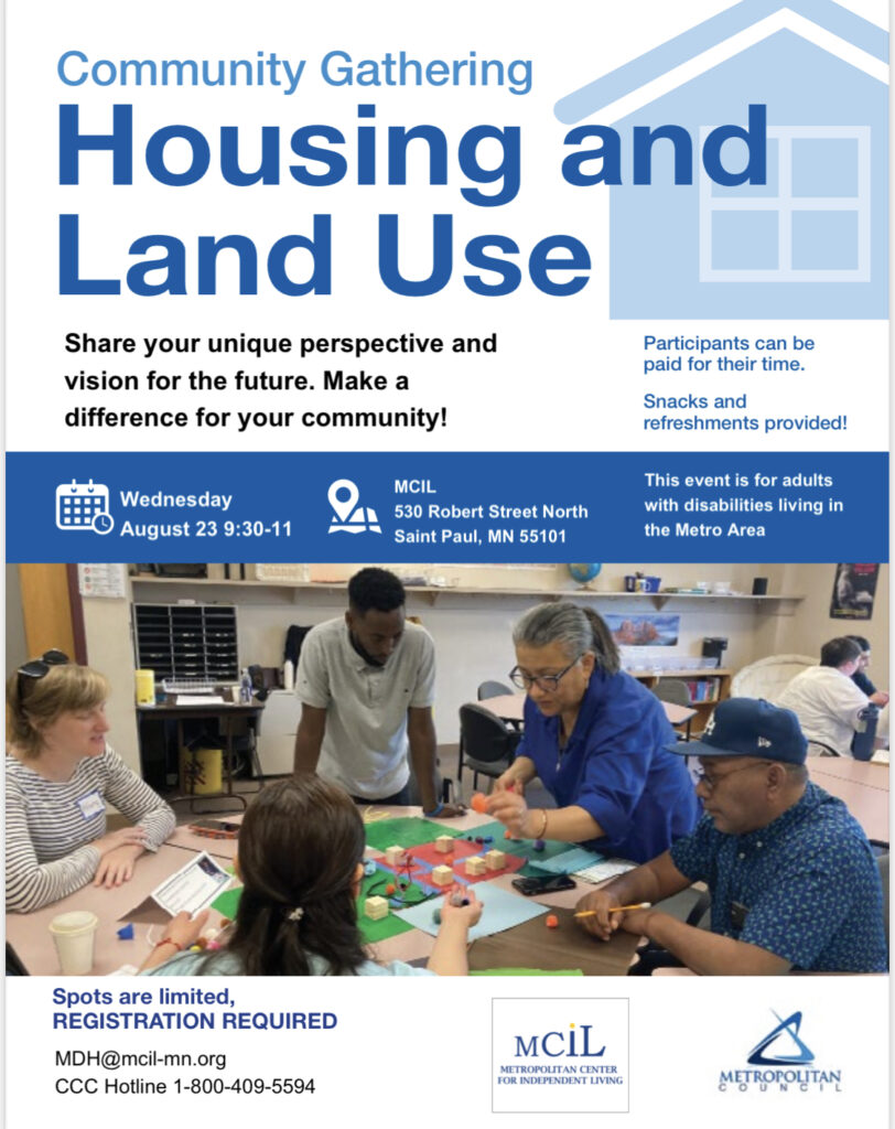 Event flyer. Community Gathering: Housing and Land Use. A group of people around a table with a land use diagram. Refer to post for details.