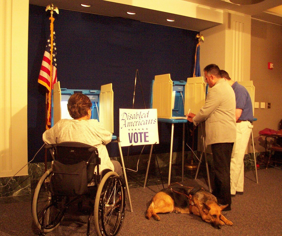 Three people voting. One uses a wheelchair, another a white cane & service animal. Between two voting stations, a sign reads, “Disabled Americans Vote.”