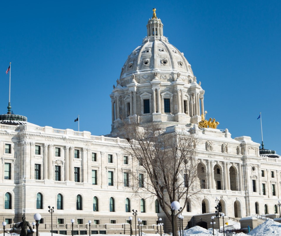 Minnesota State Capitol on a cloudless winter day. In the foreground, a barren tree.